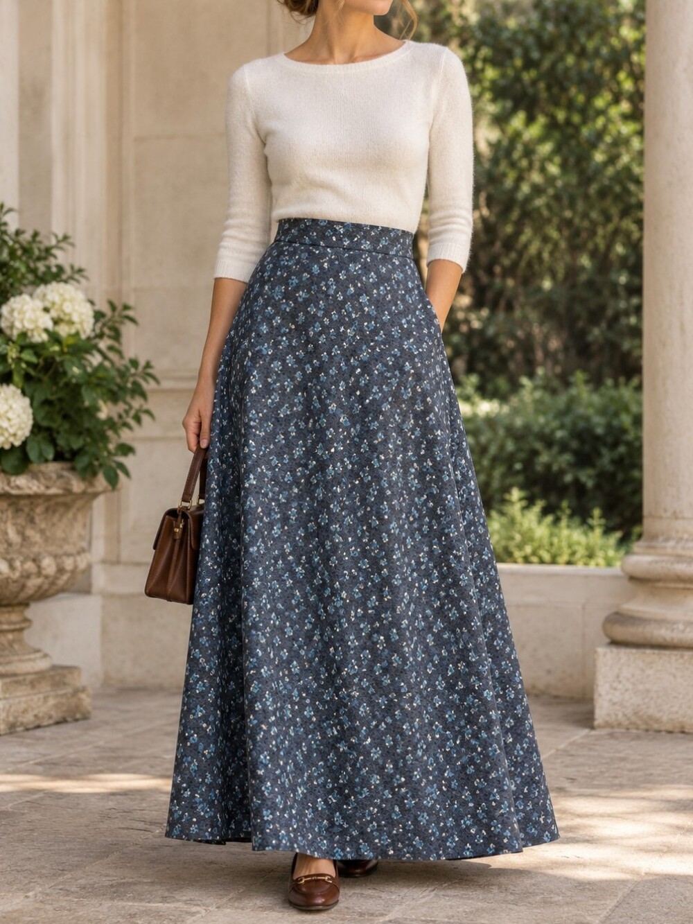 Quiet Luxury Minimalist Handmade Heathered Blue Grey Floral Maxi A line Skirt